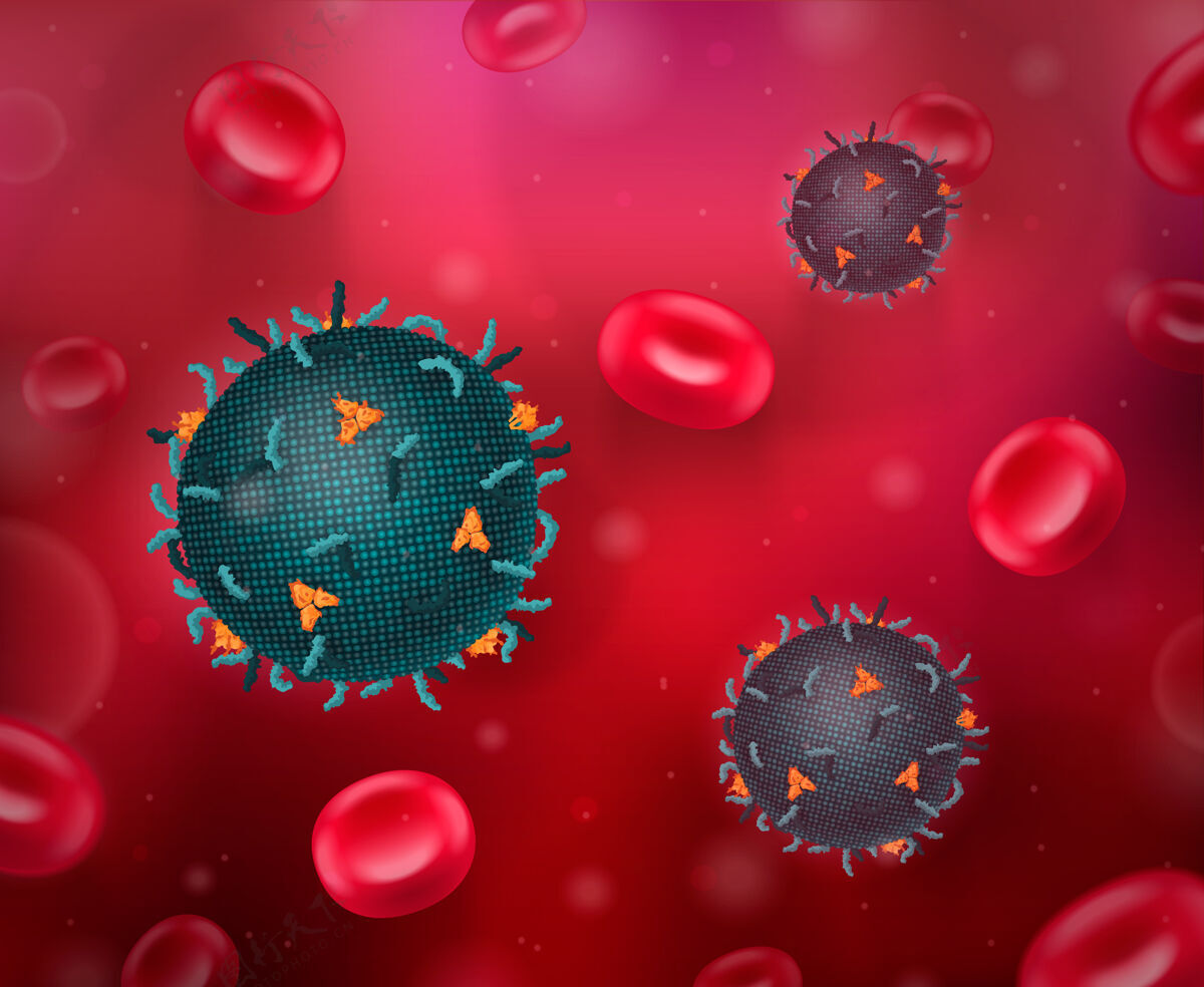 液体病毒真实的组成与五颜六色的病毒细菌和血细胞漂浮在红色液体成分病毒漂浮