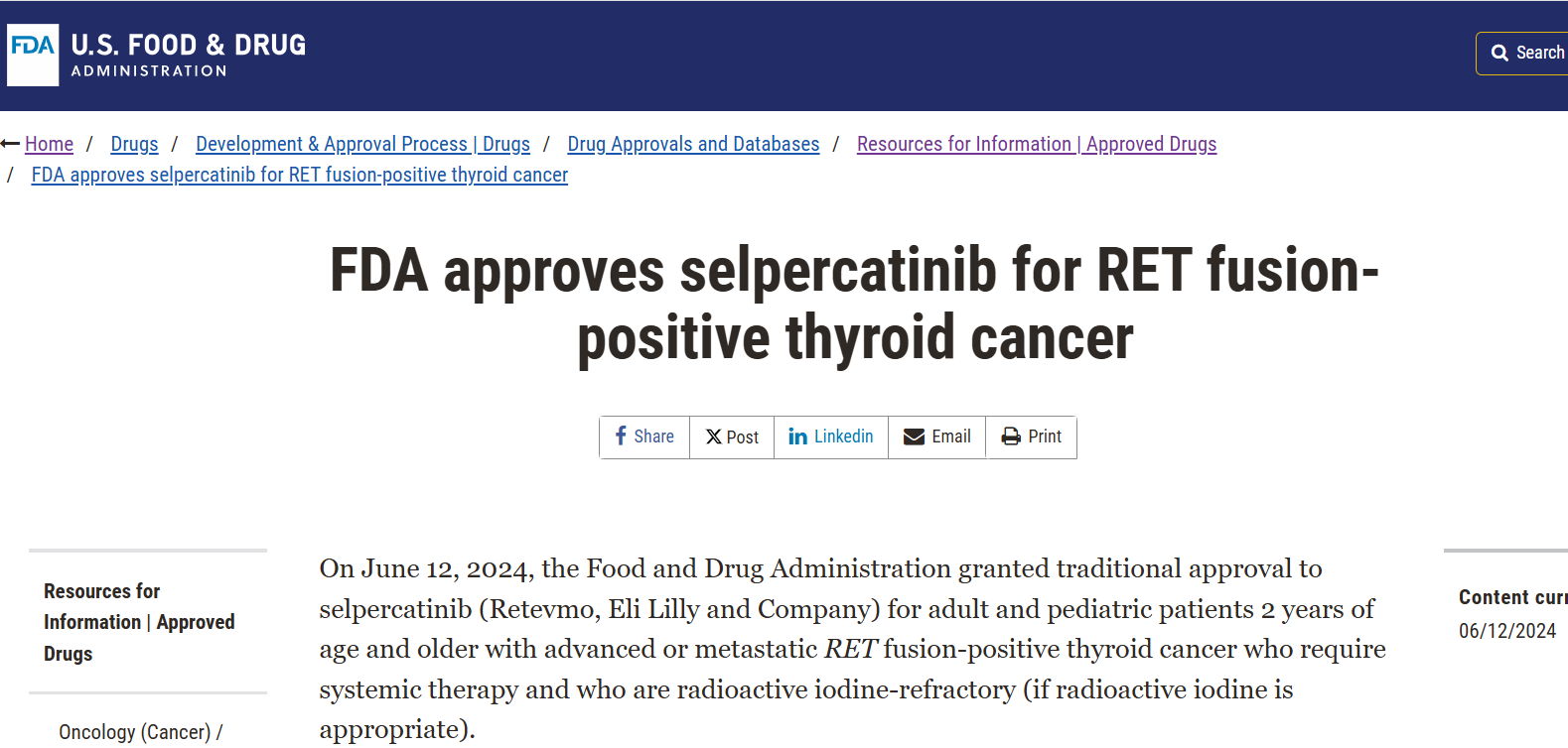 FDA）批准selpercatinib（Retevmo、塞尔帕替尼）用于 2 岁及以上需要全身治疗且放射性碘难治性（如果放射性碘合适）的晚期或转移性 RET 融合阳性甲状腺癌成人和儿童患者