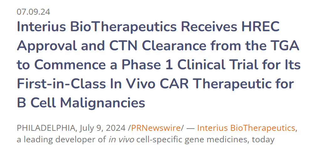 体内CAR候选药物INT2104用于治疗B细胞恶性肿瘤1期临床获批