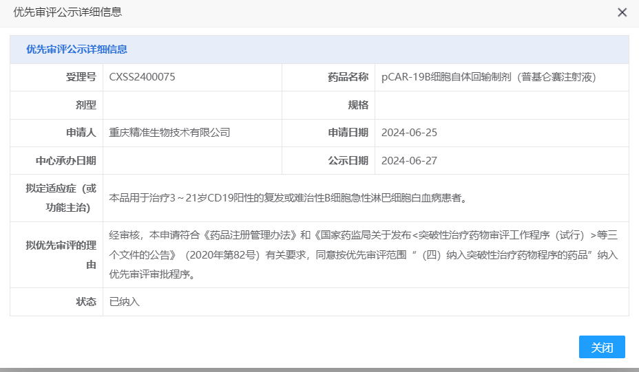 CAR-T产品普基仑赛注射液纳入优先审评用于治疗CD19阳性的复发或难治性B细胞急性淋巴细胞白血病