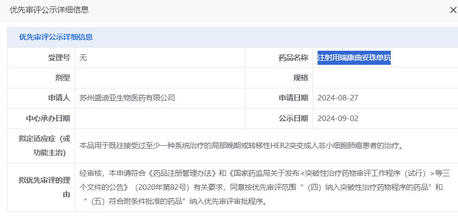 ADC药物注射用瑞康曲妥珠单抗（SHR-A1811）拟纳入优先审评用于治疗非小细胞肺癌