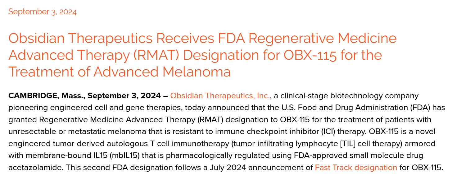 美国FDA授予肿瘤浸润淋巴细胞（TIL）疗法OBX-115再生医学高级疗法（RMAT）称号，用于黑色素瘤