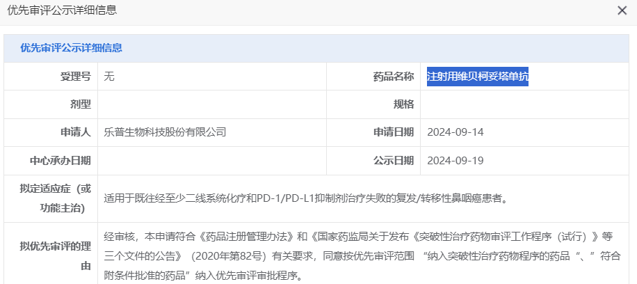 国内首个靶向EGFR的ADC药物MRG003拟纳入优先审评，用于鼻咽癌