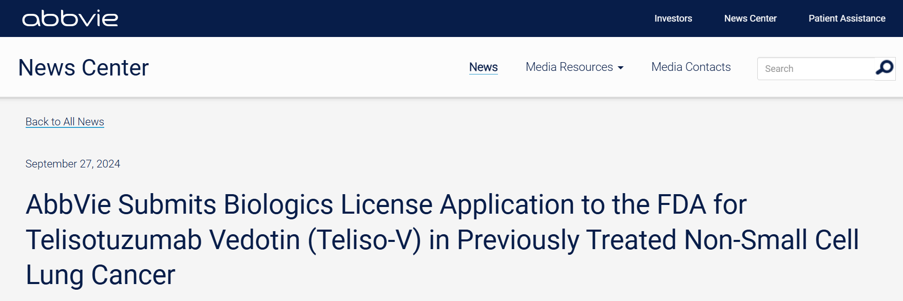 艾伯维向美国FDA提交Teliso-V生物制剂许可申请用于非鳞状非小细胞肺癌