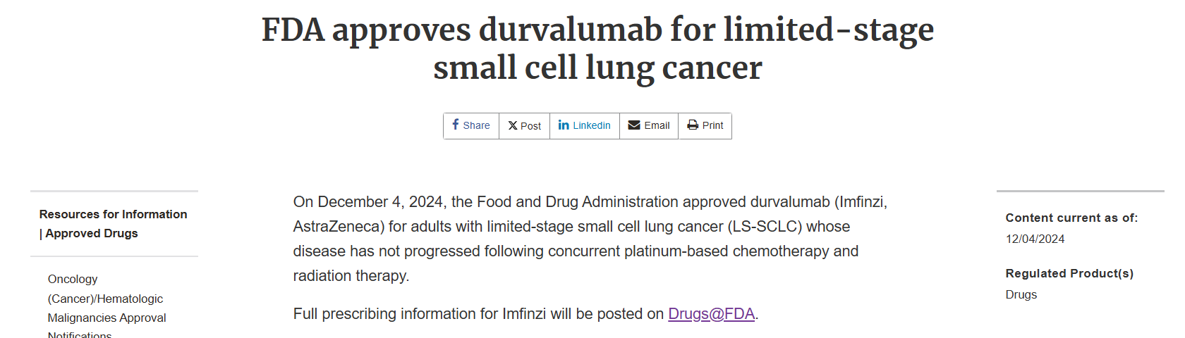 度伐利尤单抗(durvalumab)获批用于局限期小细胞肺癌