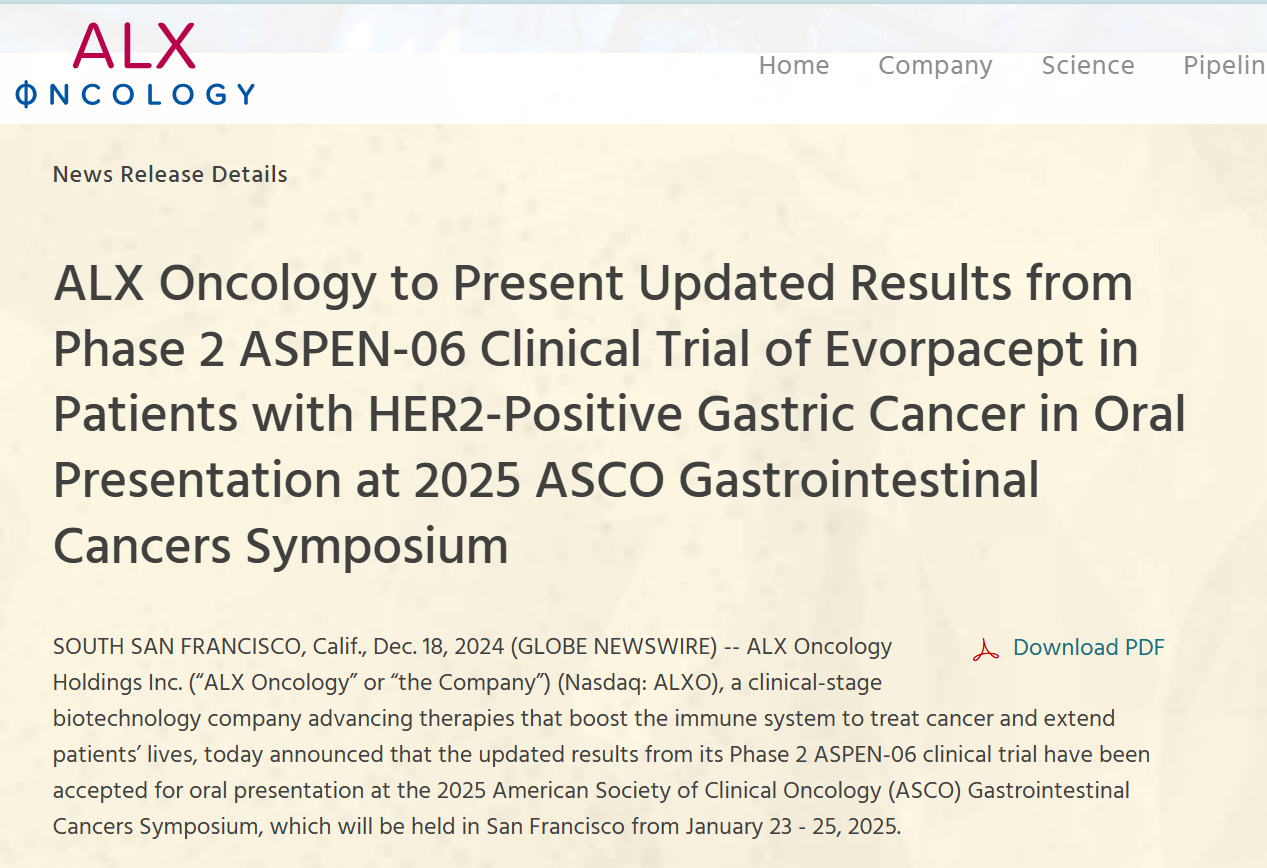 ALX Oncology 将在 2025 年 ASCO 胃肠道癌症研讨会上以口头呈报方式呈报 Evorpacept 治疗 HER2 阳性胃癌患者的 2 期 ASPEN-06 临床试验的最新结果