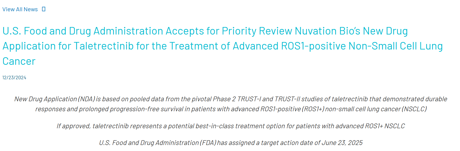 美国FDA授予他雷替尼（taletrectinib）的新药上市申请优先审评资格