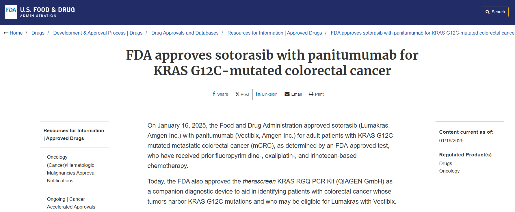 sotorasib获得美国FDA批准联合帕尼单抗用于KRAS G12C 突变转移性结直肠癌