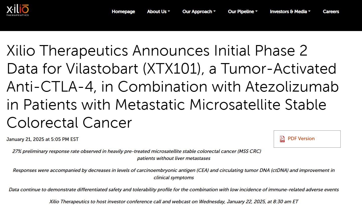 Vilastobart （XTX101） 与 Atezolizumab 联合治疗转移性微卫星稳定结直肠癌患者的 2 期初始数据