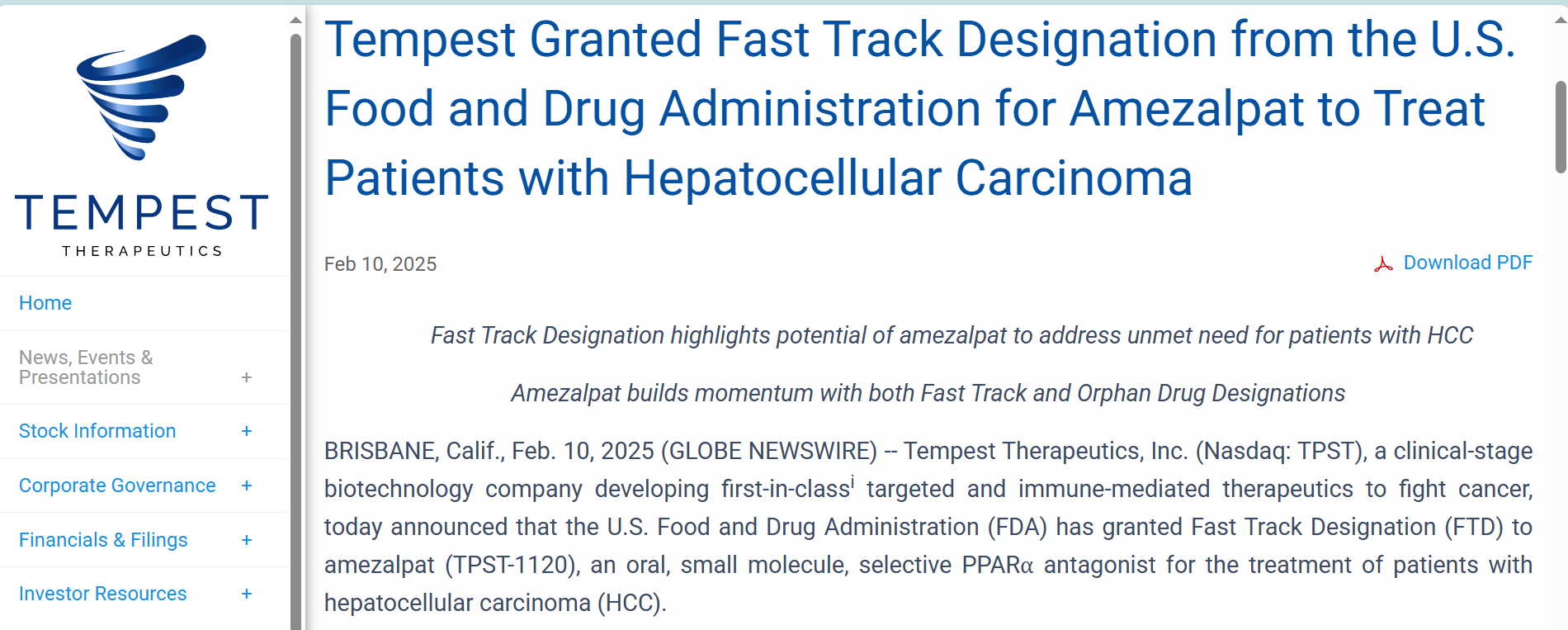 Tempest 获得美国食品药品监督管理局 （FDA） 的快速通道资格，用于治疗肝细胞癌患者