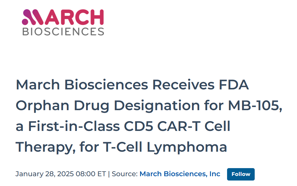 靶向 CD5 的 CAR-T 细胞疗法 MB-105获 孤儿药资格认定