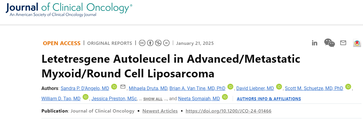 TCR-T细胞产品lete-cel治疗肉瘤的研究数据登上《Journal of Clinical Oncology》