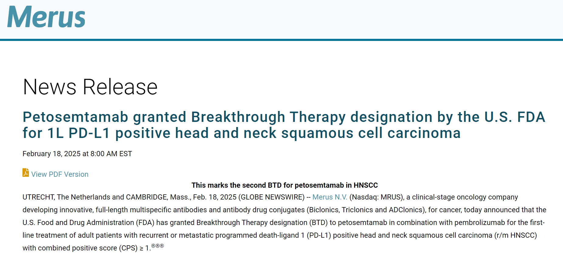 Petosemtamab 被美国 FDA 授予 1L PD-L1 阳性头颈部鳞状细胞癌突破性疗法认定