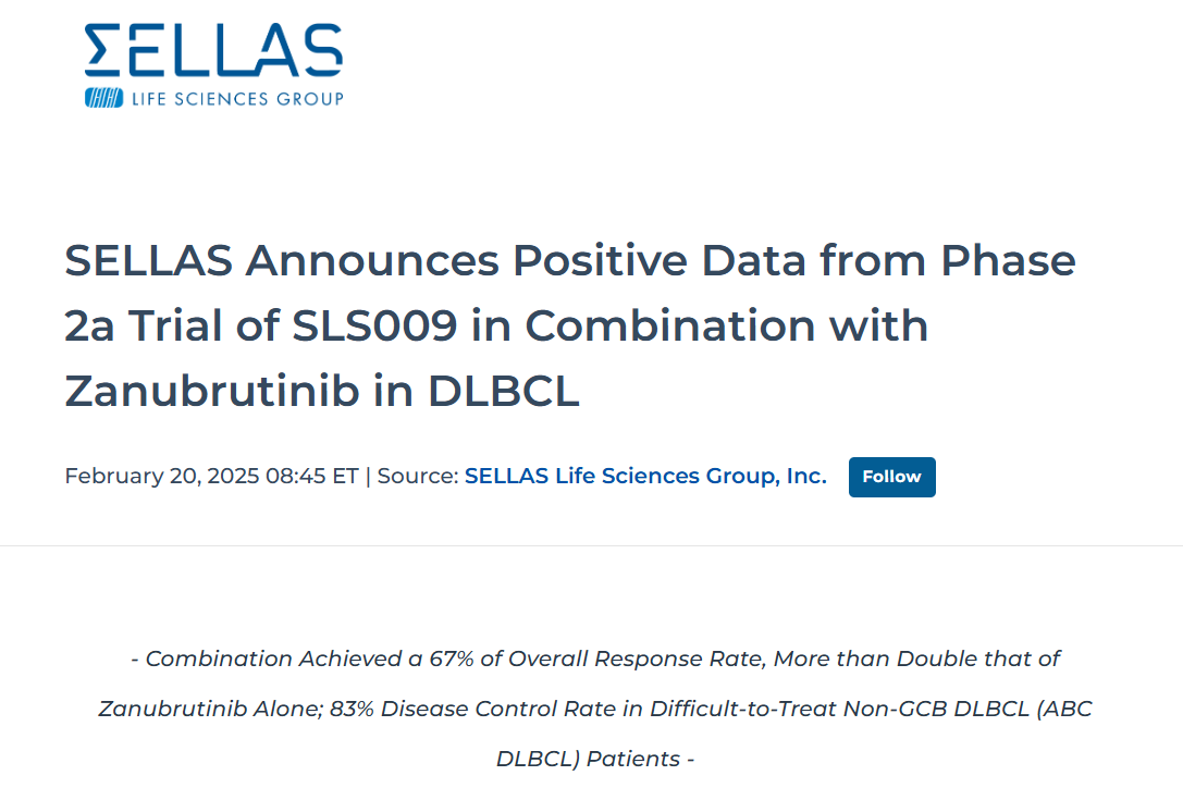 SLS009 与 Zanubrutinib 联合治疗 DLBCL 的 2a 期试验取得积极数据